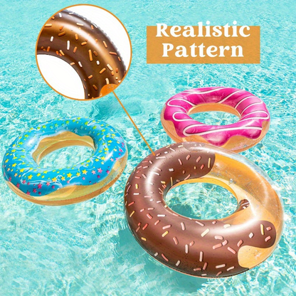 Pool Float Donut Ring Three-Pack with Glitter-Style Strawberry, Chocolate and Mint Designs, 32.5-Inch Diameter