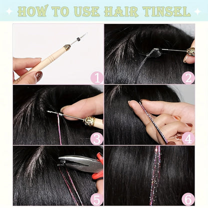 Hair Tinsel Extensions Kit 7700 Strands 18 Glitter Colors 48 Inch – Fairy Hair Tinsel with Micro Beads & Loop Tool for Women Girls Party