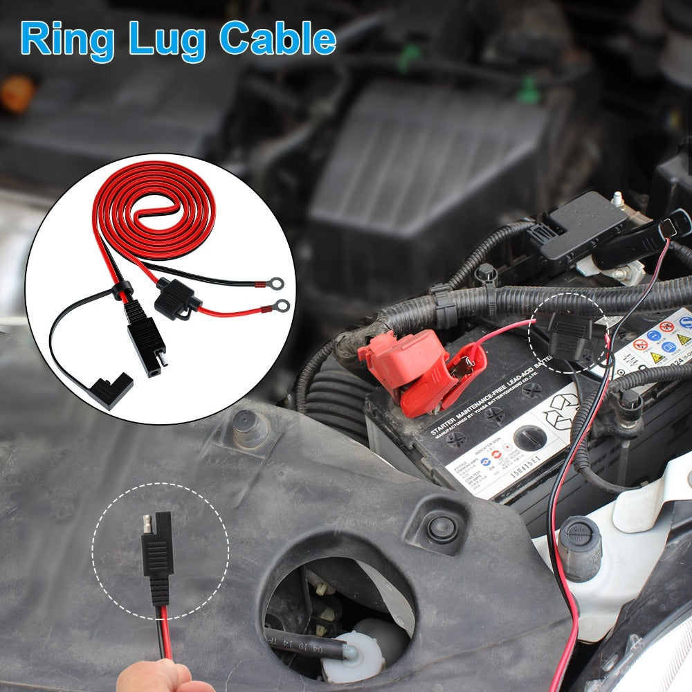 SAE Battery Cable Extension Wire 2pcs – SAE to O-Ring Terminal Connector Harness with 10A Fuse for Motorcycle, Car, ATV