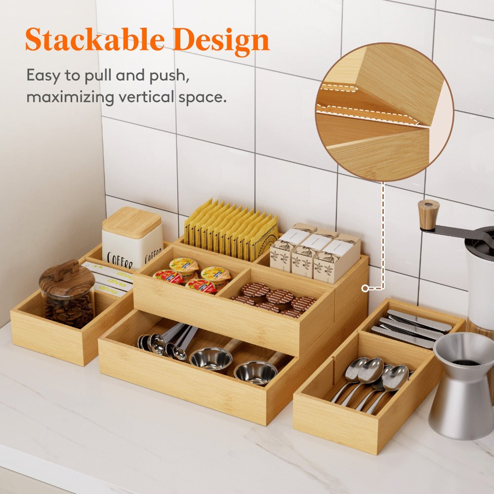 Bamboo Drawer Organizer 10 Pack, Adjustable Stackable Drawer Dividers Bins for Kitchen Utensils, Silverware