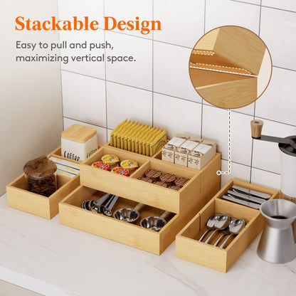 Bamboo Drawer Organizer 10 Pack, Adjustable Stackable Drawer Dividers Bins for Kitchen Utensils, Silverware