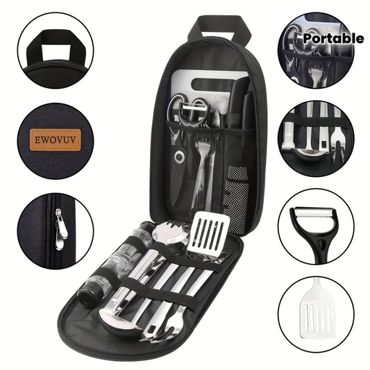 Camping Cookware Set, 18-Piece Stainless Steel Camp Kitchen Utensil Kit with Knives, Flatware and Organizer Case
