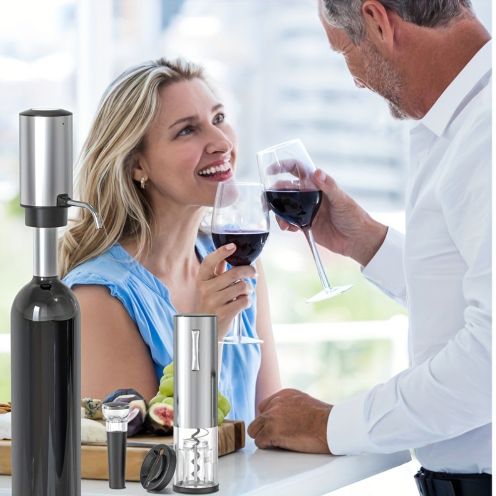 Electric Wine Opener Set, Rechargeable Corkscrew with Wine Aerator Dispenser, Vacuum Stopper & Foil Cutter for Any Occasion Gift