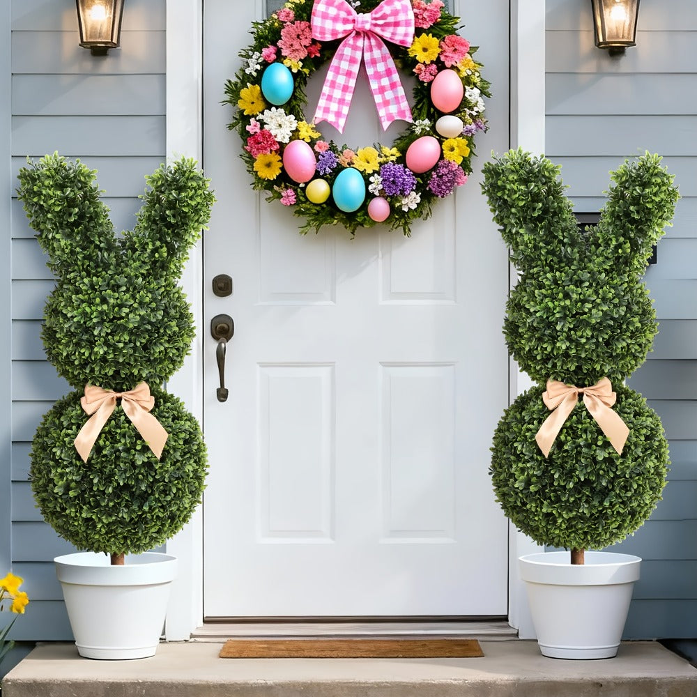 Artificial Boxwood Bunny Topiary 2-Pack, 3Ft Faux Rabbit Garden Statue with Bow, Indoor Outdoor Easter Spring Porch Decor