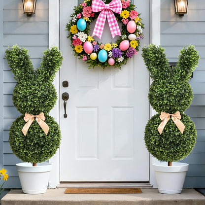 Artificial Boxwood Bunny Topiary 2-Pack, 3Ft Faux Rabbit Garden Statue with Bow, Indoor Outdoor Easter Spring Porch Decor