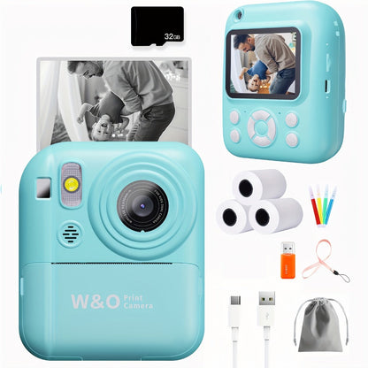 Kids Instant Print Camera 3-in-1 with MP3 & Games, 10x Zoom, 2.4" HD Screen, 32GB Card, Prints Photos in 1 Second