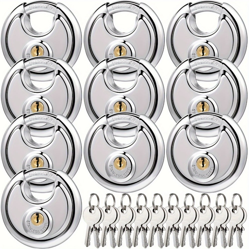 Padlocks with Same Key - 10pcs Stainless Steel Disc Lock Set, Keyed Alike Discus Pad Lock 2-3/4 Inch Wide 3/8 Inch Shackle