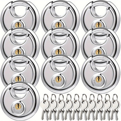 Padlocks with Same Key - 10pcs Stainless Steel Disc Lock Set, Keyed Alike Discus Pad Lock 2-3/4 Inch Wide 3/8 Inch Shackle