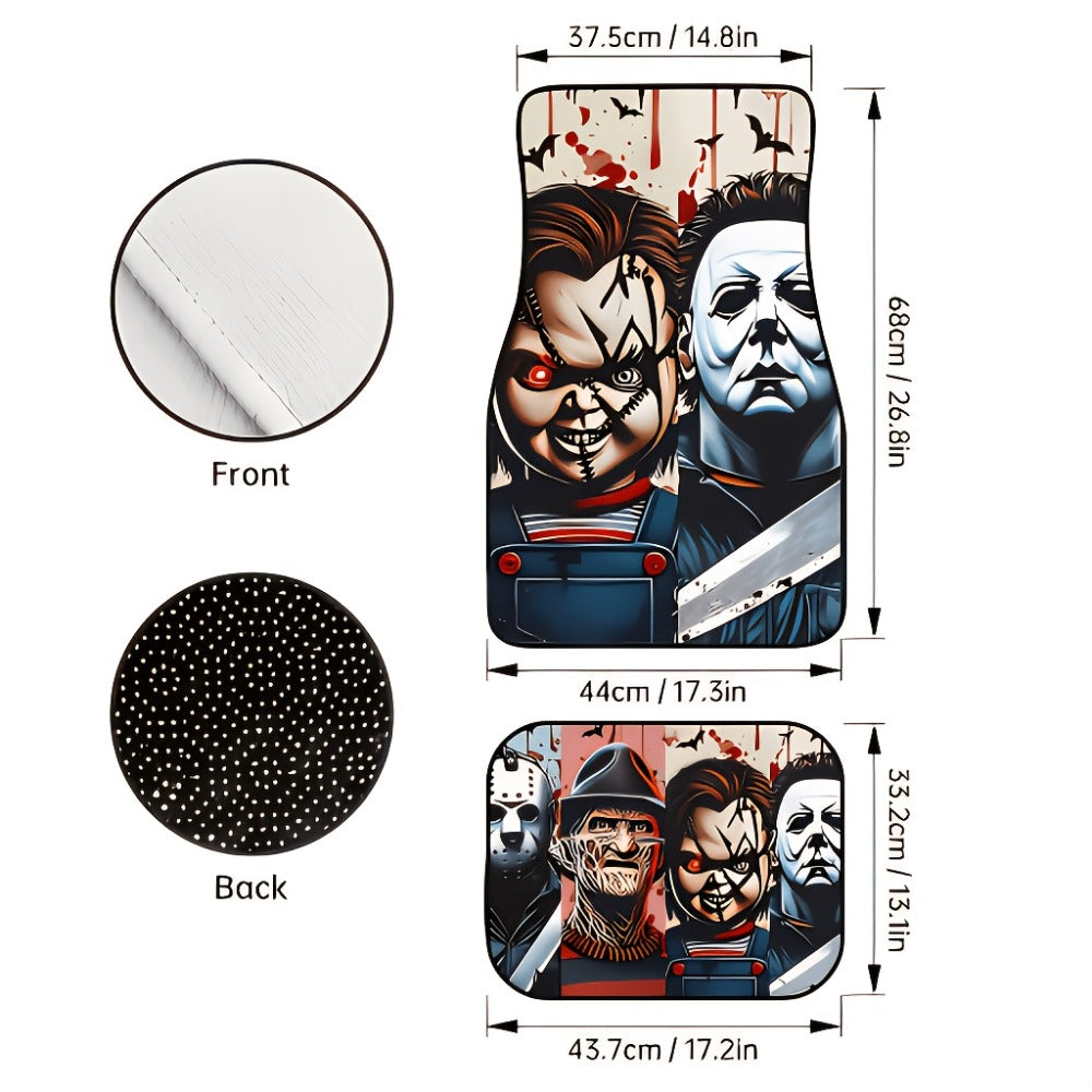 Halloween Character Car Floor Mats, Four-Piece Black Printed Set with Two Front and Two Rear Mats