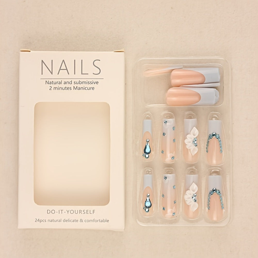 Press On Nails 96-Piece Long Ballerina Blue Gradient 3D Flower Butterfly Set with Four Bracelets