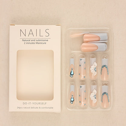 Press On Nails 96-Piece Long Ballerina Blue Gradient 3D Flower Butterfly Set with Four Bracelets
