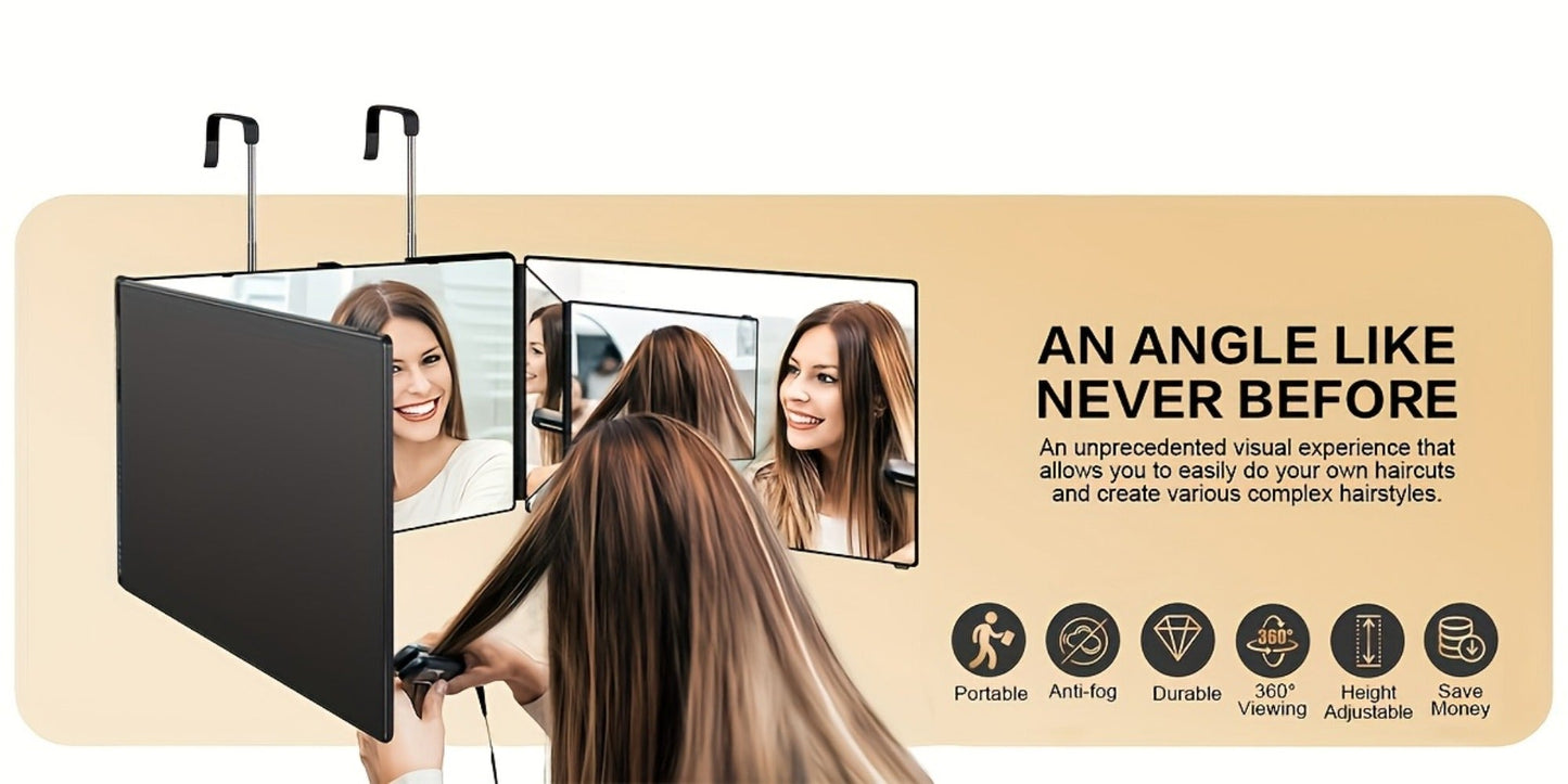 Barber Mirror, 3 Way Mirror for Self Hair Cutting with LED Lights, 360° View Anti-Fog HD Glass USB Rechargeable Folding Barber Mirror