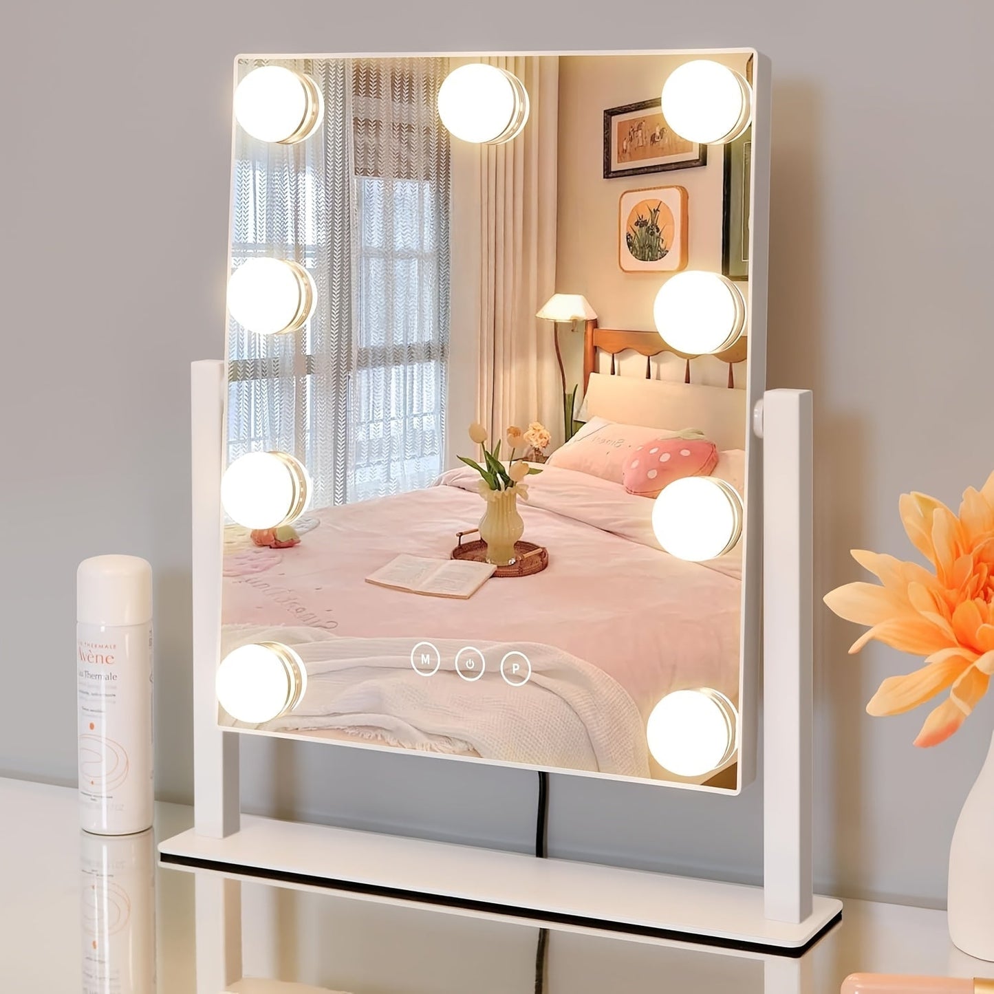 Makeup Mirror with Nine Bulb-Style LEDs, Three Light Colors, Touch Memory, 360° Rotation and Optional 5X Mirror