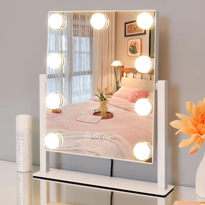 Makeup Mirror with Nine Bulb-Style LEDs, Three Light Colors, Touch Memory, 360° Rotation and Optional 5X Mirror