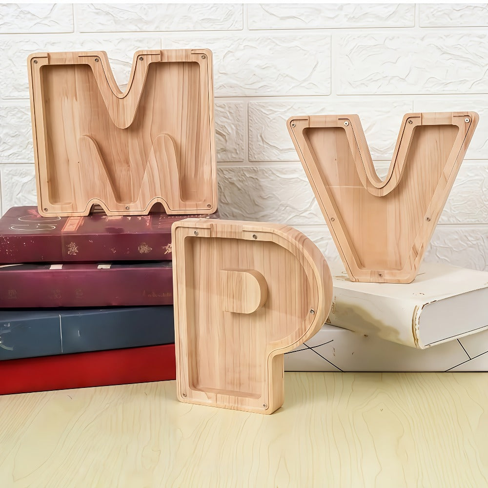 Alphabet Letter Piggy Bank A-Z Wooden Coin Bank Large Capacity Transparent – Personalized Savings Box for Kids | Back to School