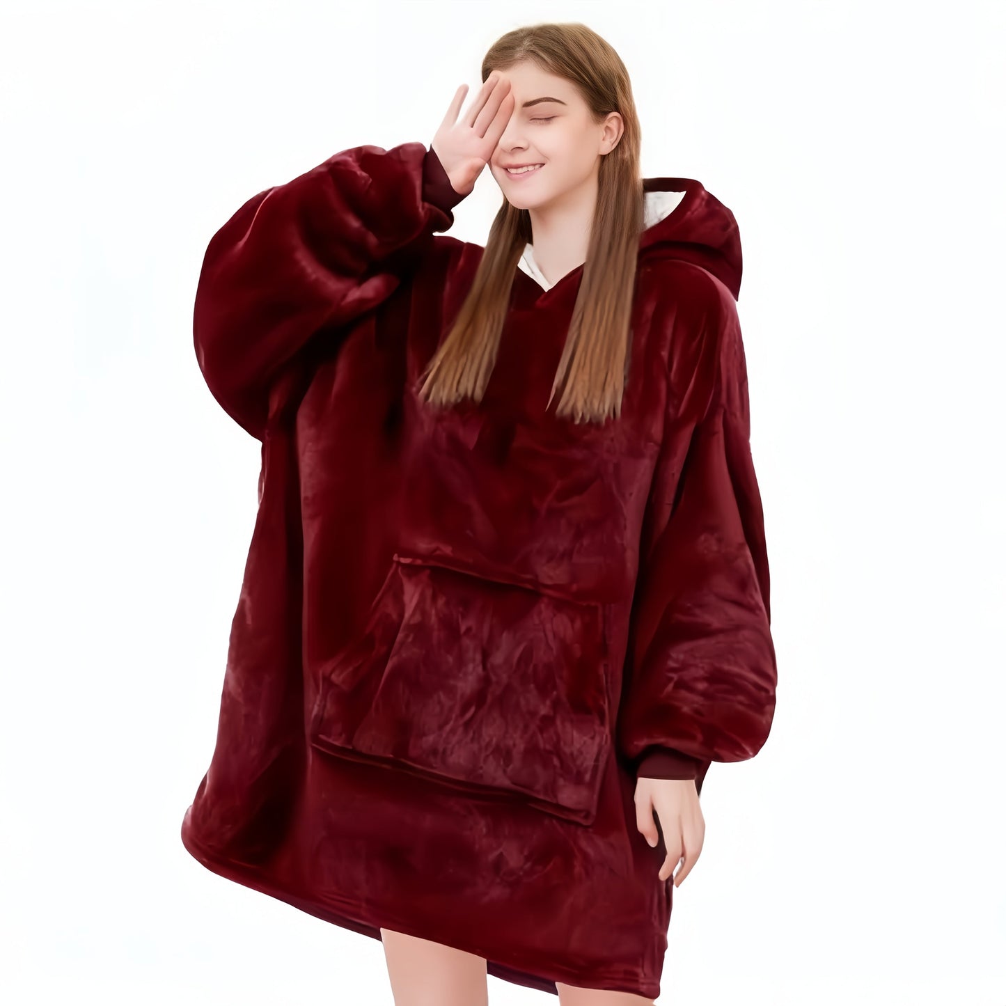 Reversible Hooded Wearable Blanket – Double-Sided Coral Fleece Suede Hoodie with Kangaroo Pocket, Machine Washable, 6 Colors