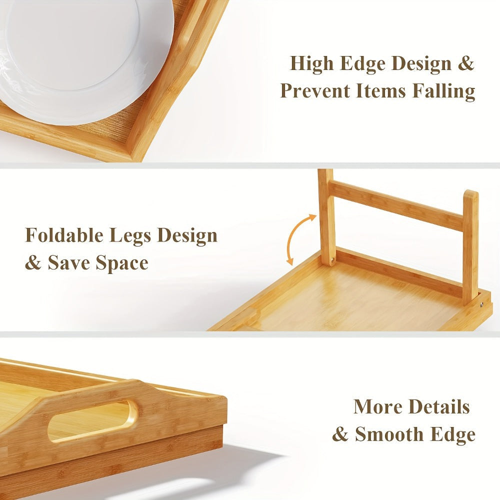Bamboo Bed Tray Table with Folding Legs & Handles, Breakfast Sofa Lap Desk, 19.32" x 11.83", Natural Bamboo