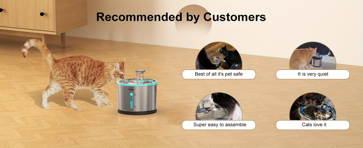 Cat Water Fountain Stainless Steel 50oz/1.5L – Ultra Quiet Auto Pet Water Dispenser with LED Light, Visible Window & Dishwasher Safe