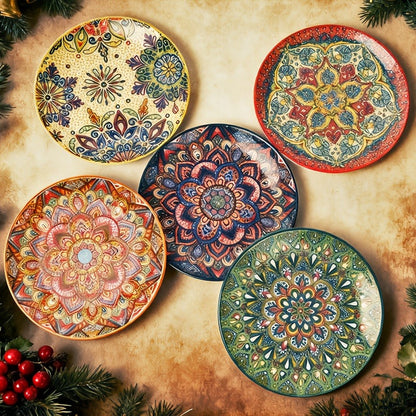 Ceramic Bowl Set with Lids 8-Piece Bohemian Soup Noodle Salad Bowls, for Home Cooking, Dining and Outdoor Meals