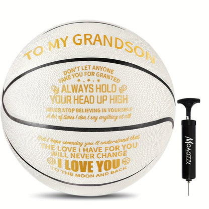Engraved Basketball Gift for Grandson & Son – Size 7 PU Indoor Outdoor with Pump, Inspirational Message, Birthday Christmas Gift
