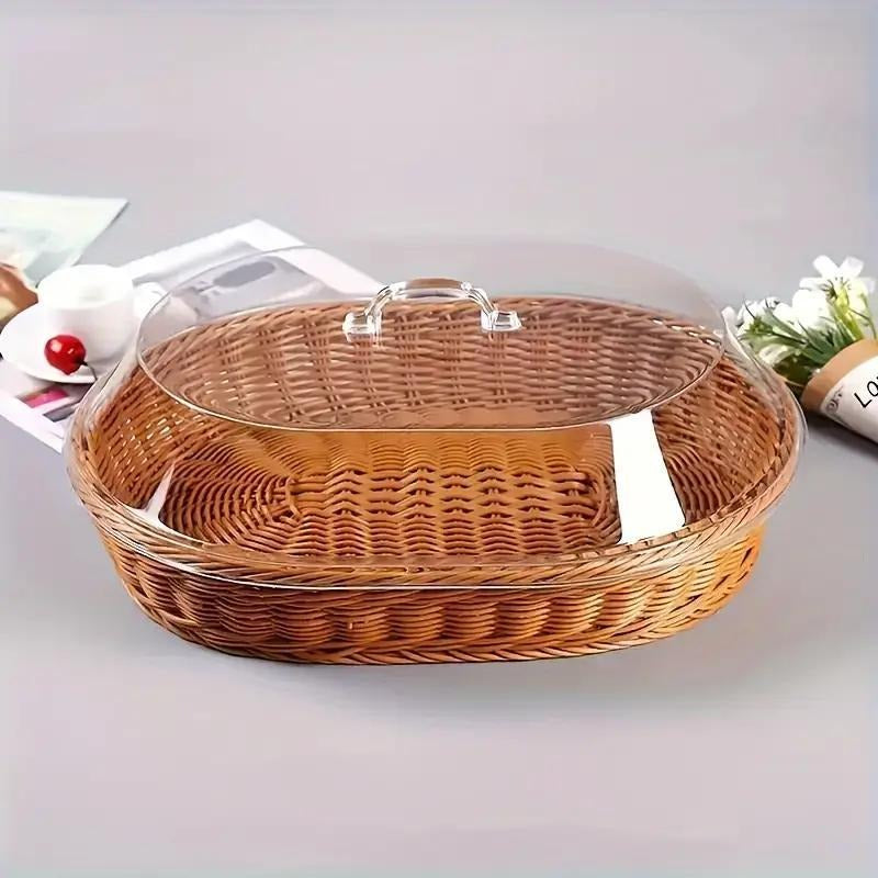 Wicker Bread Basket with Clear Acrylic Lid Rattan Storage Basket Washable Food Tray for Bread Fruit Desserts Kitchen Picnic Home Display
