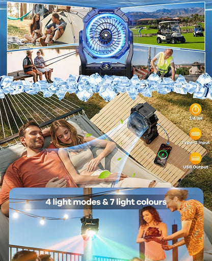 Rechargeable Camping Fan 20000mAh with Misting, Power Bank, RGB Light, 4 Speeds & Tent Hook for Outdoor Use