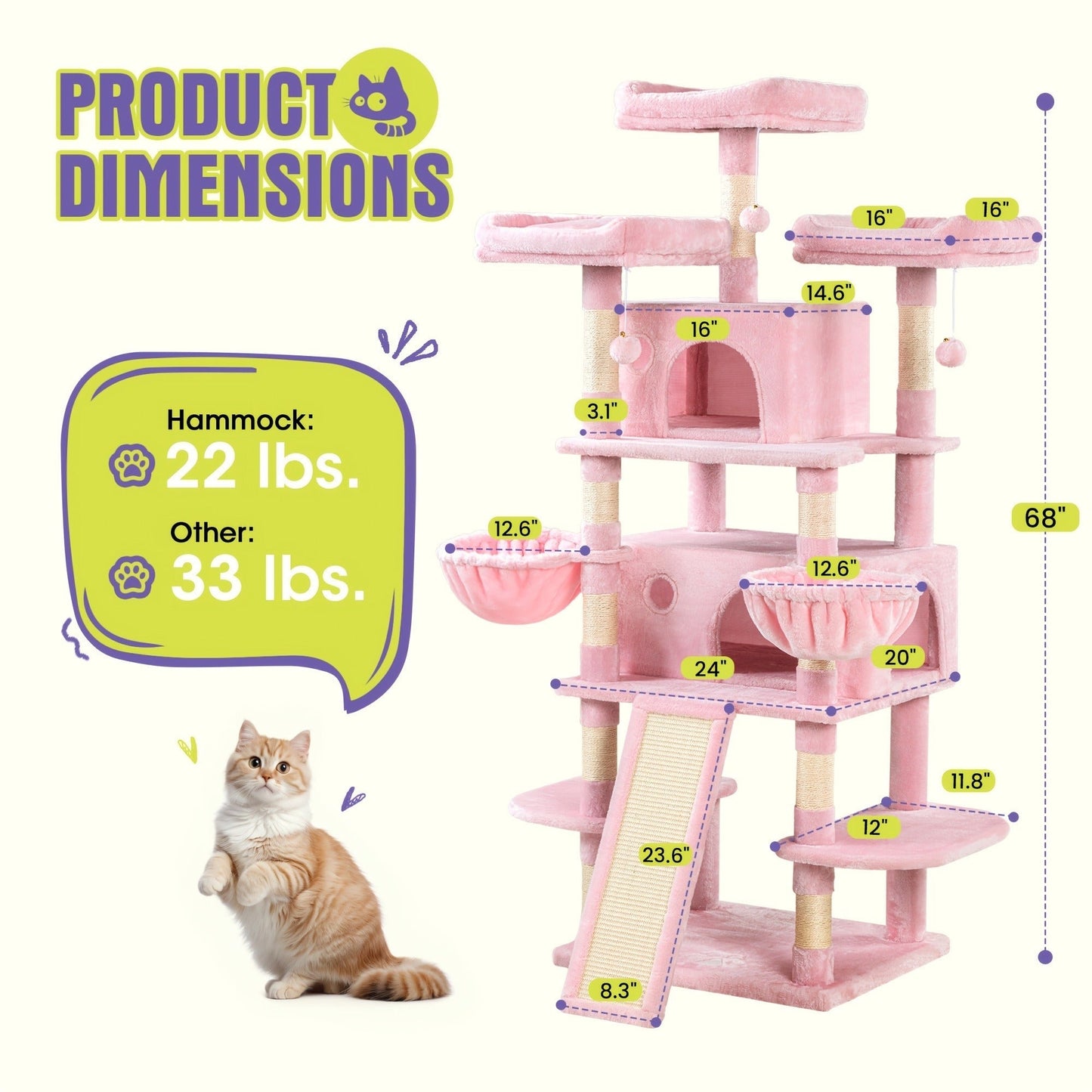 Multi-Level Cat Tree in 36-, 65-, 68- or 81-Inch Heights with Perches, Condo, Hammock and 30 Color, Pattern or Layout Options