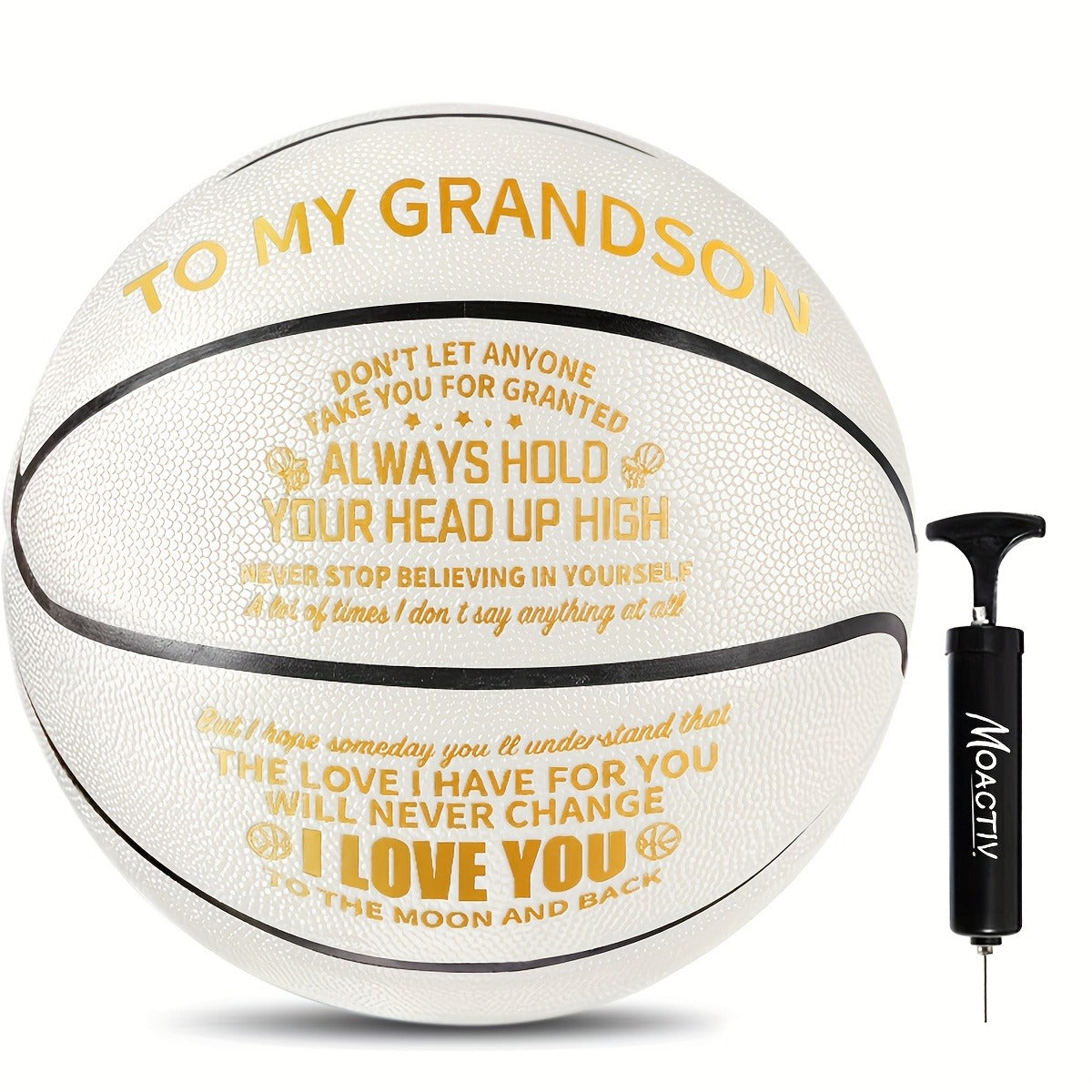 Engraved Basketball Gift for Grandson & Son – Size 7 PU Indoor Outdoor with Pump, Inspirational Message, Birthday Christmas Gift