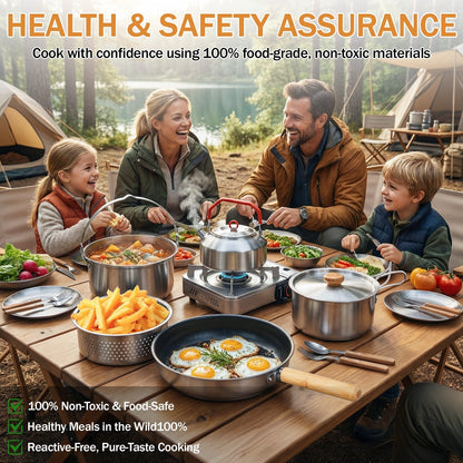 Camping Cookware Set, 19- or 27-Piece Coated Aluminum Mess Kit with Pot, Pan, Kettle, Cups, Plates and Cutlery