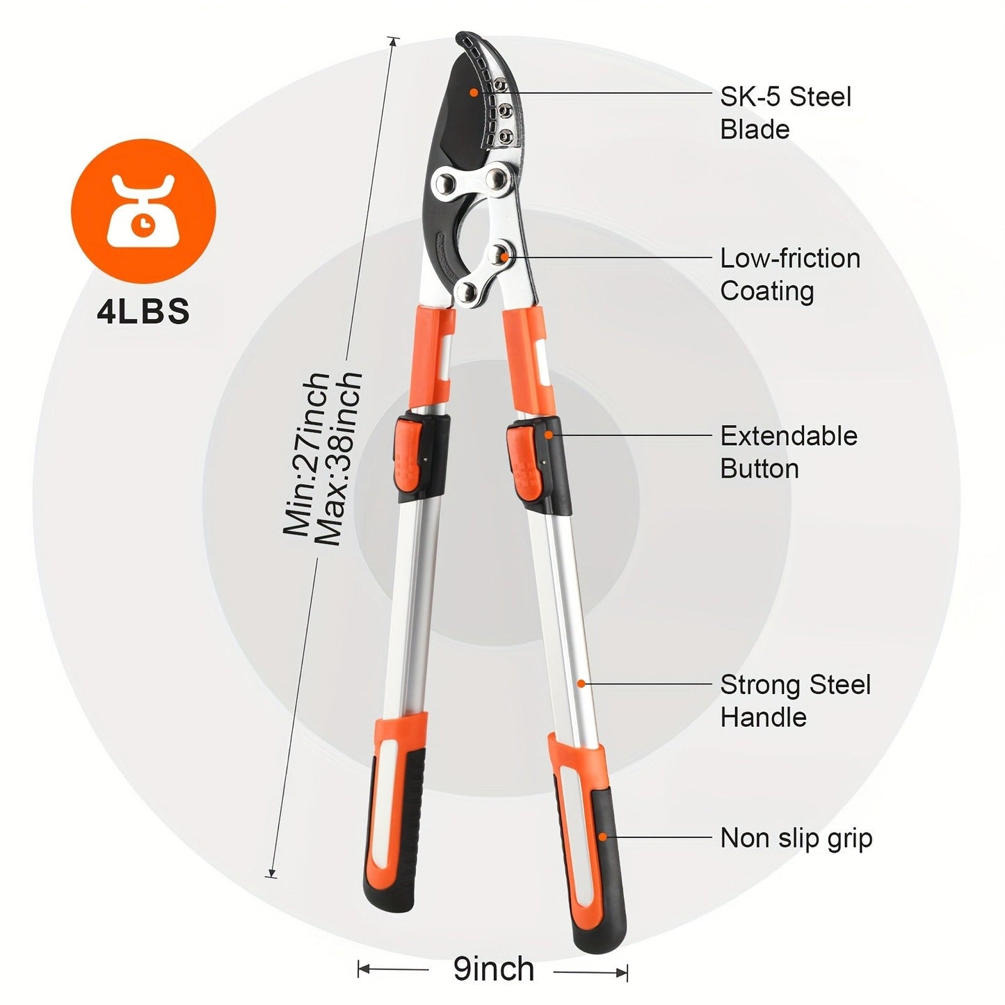 Long Reach Pruning Shears 18-38 Inch Extendable – Non-Stick Steel Blades Cut 2" Branches, Shock-Absorbing Handle