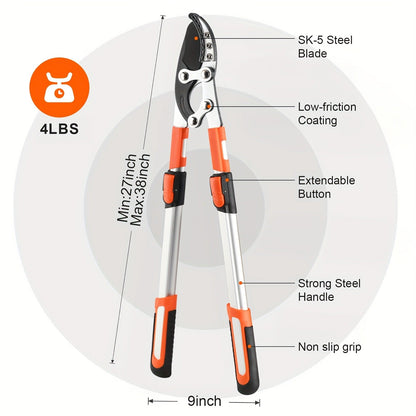 Long Reach Pruning Shears 18-38 Inch Extendable – Non-Stick Steel Blades Cut 2" Branches, Shock-Absorbing Handle