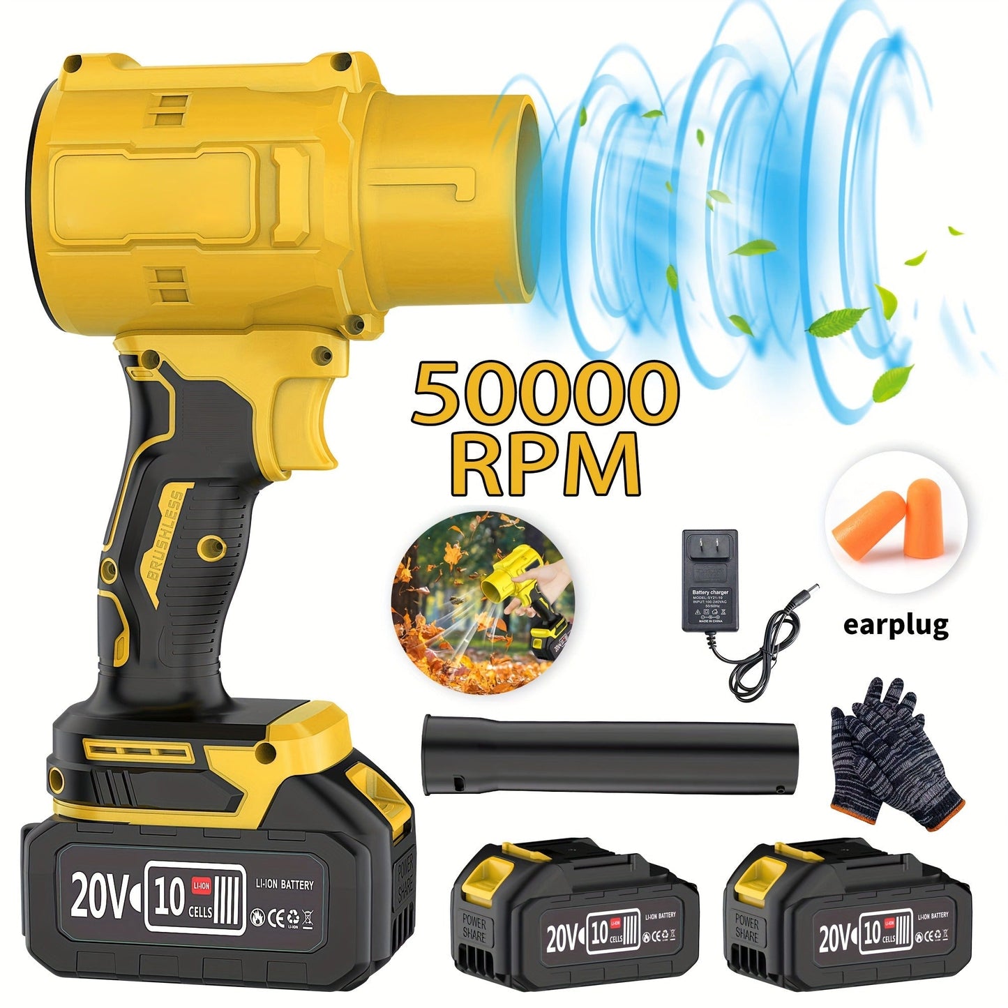 20V Cordless Leaf Blower with 50, 000 RPM Marking, Yellow or Green Body and Six Dual-Battery Package Options