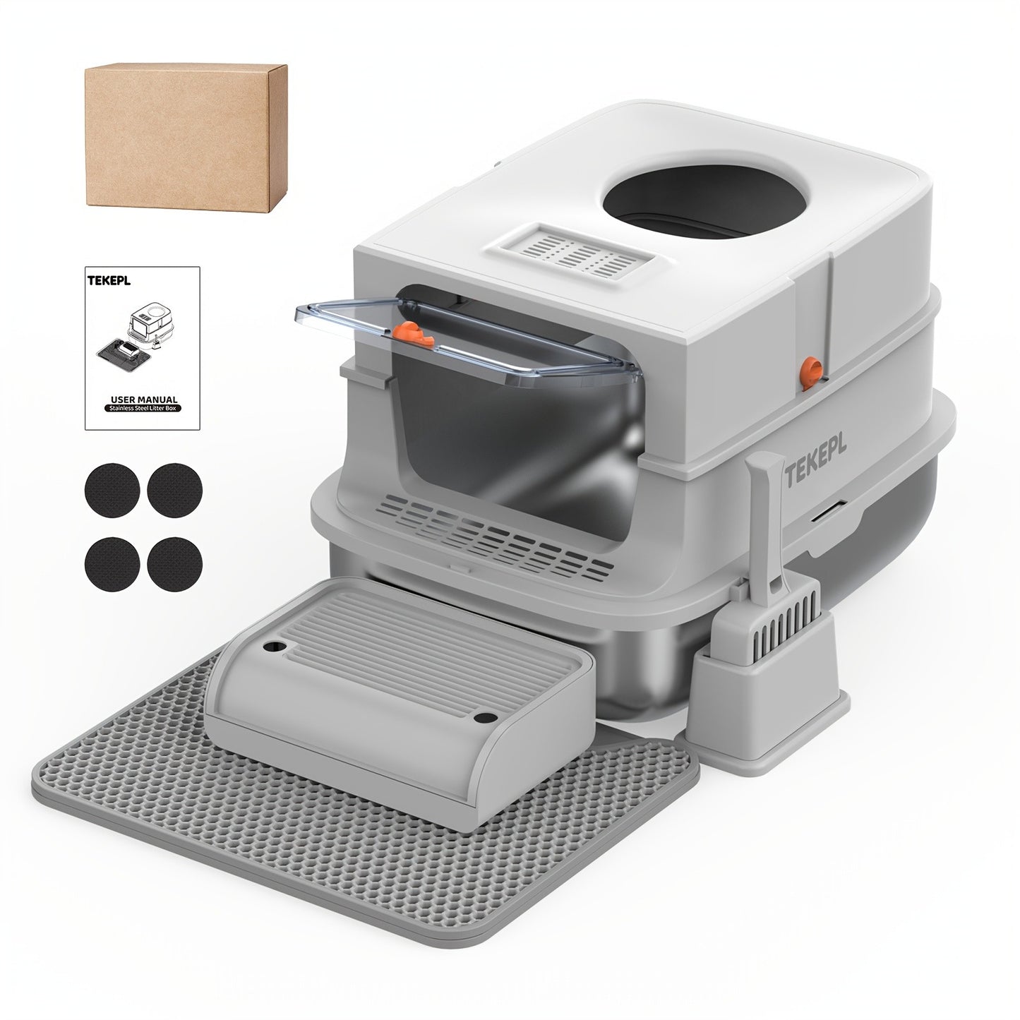 Stainless Steel Cat Litter Box with Lid – Extra Large 68L Enclosed & Semi-Open Modular System, 304 Steel Non-Stick Easy Clean