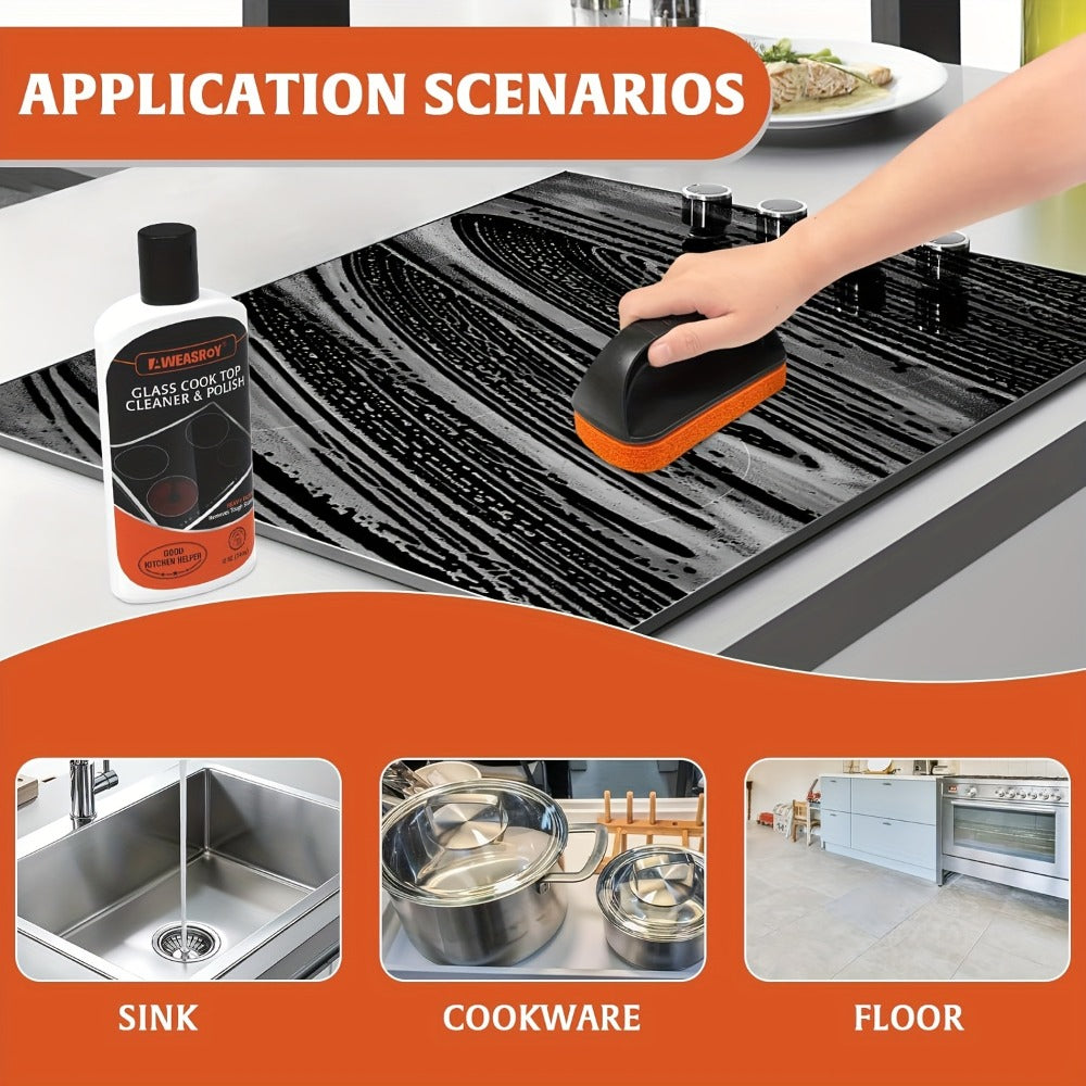Glass Stove Top Cleaner Kit 12oz Non-Abrasive No Scratch Cooktop Cleaner and Polish Removes Tough Grease Stains 9-Piece Set with Scrubbing