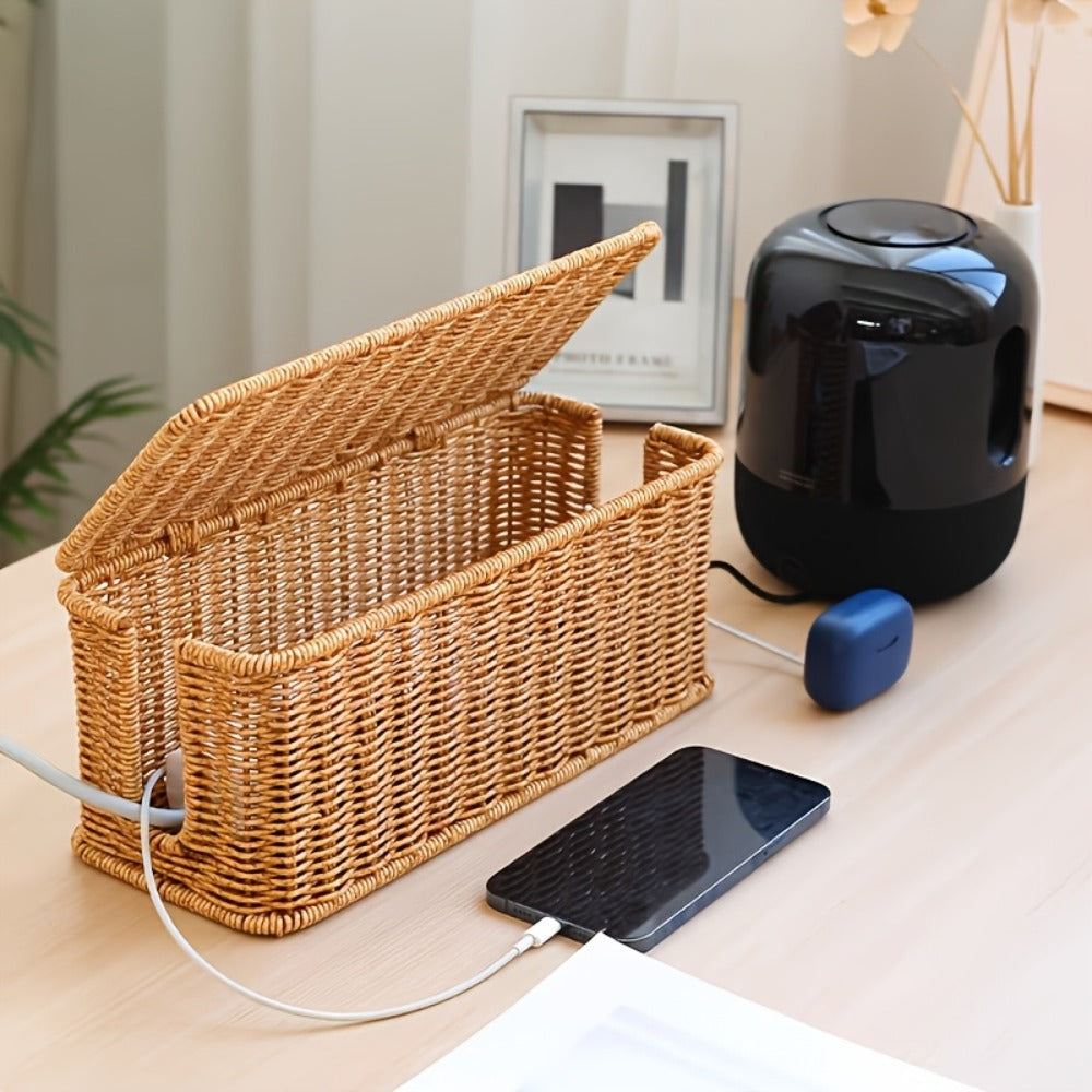 Rattan Cable Management Box with Lid Woven Cord Organizer – Stylish Power Strip Cover Wire Hider for Home Office Living Room Desk Bedroom