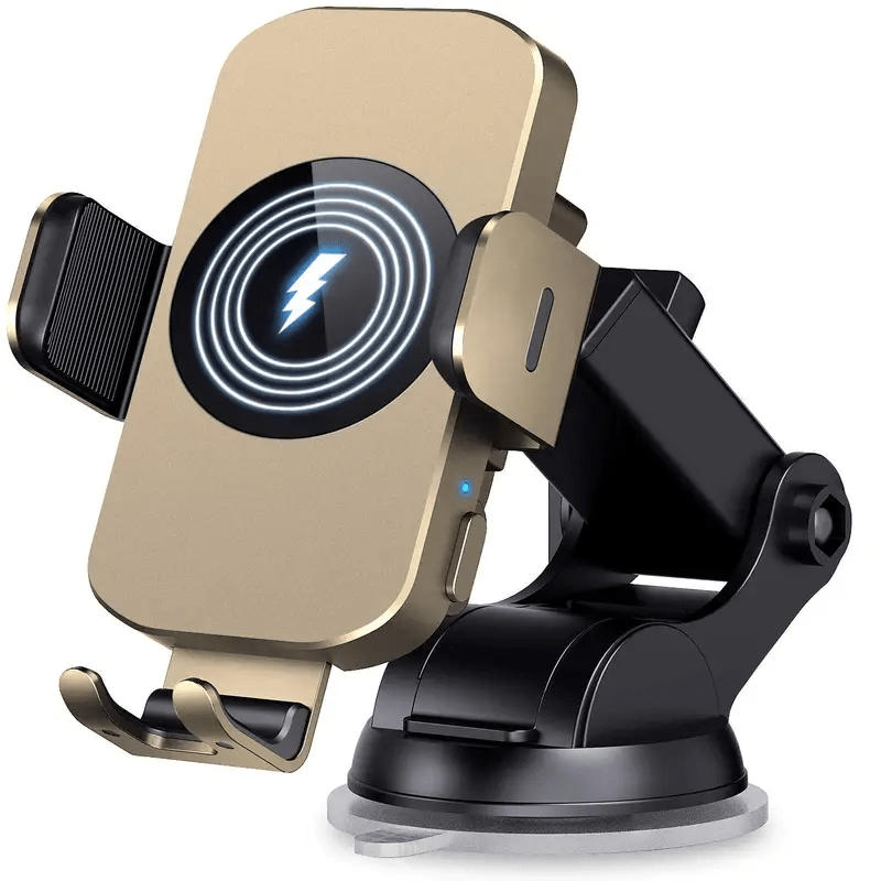15W Auto-Clamping Wireless Car Phone Mount with Dashboard Suction Base and Blue or Gold Finish