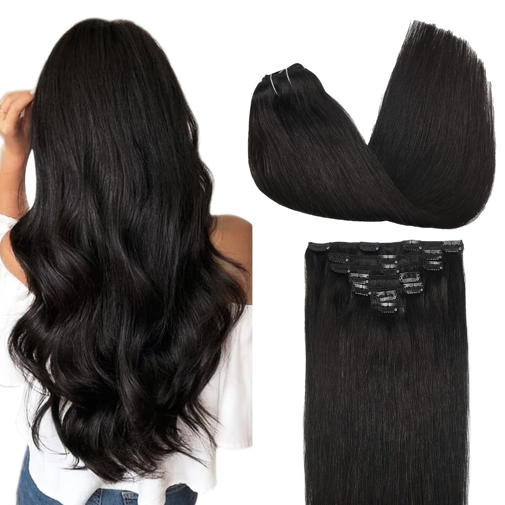 Hair Extensions Straight Brazilian Human Hair Clip-In Set with Eight Wefts, 18 Clips and Six Length Options