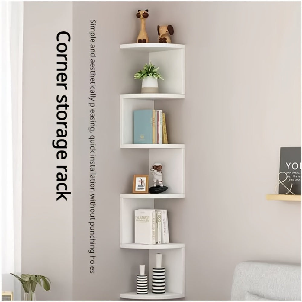 5-Tier Wall-Mounted Corner Shelf – Space-Saving Floating Storage Organizer in White Acrylic for Bathroom, Living Room, Bedroom