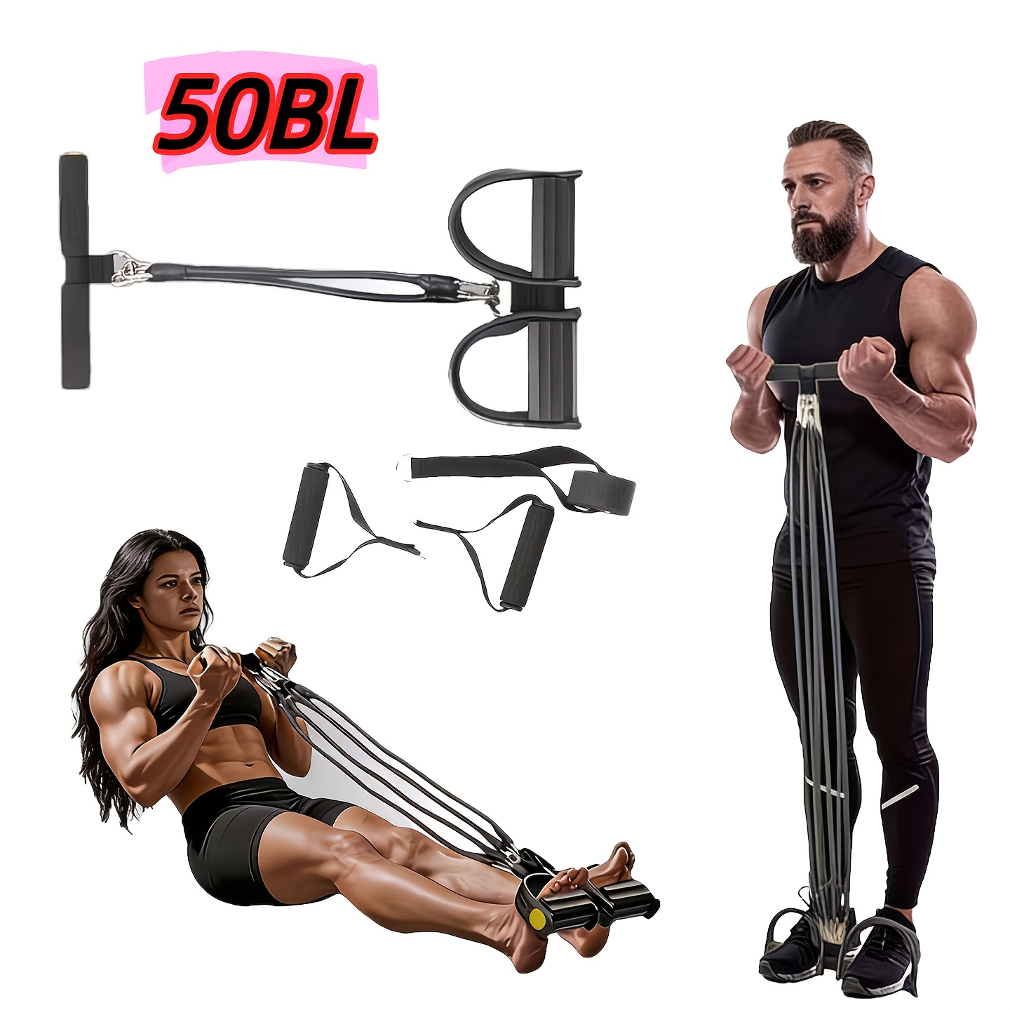 Black Foot-Pedal Resistance Band Puller with Handles and 2-, 4- or 6-Tube Options Labeled 50BL to 150BL