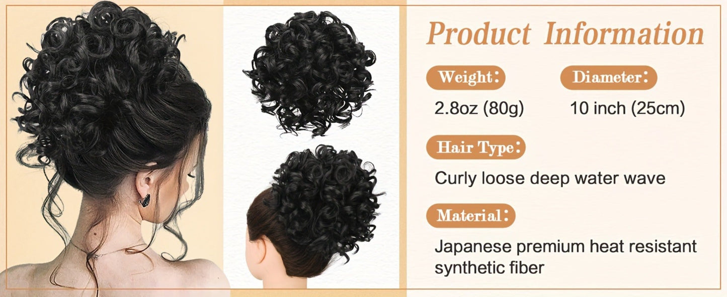 Drawstring Messy Bun Hair Extension 80g Curly Ponytail Voluminous Loose Bun Hairpiece for Women Thinning Hair Natural Look Black Brown