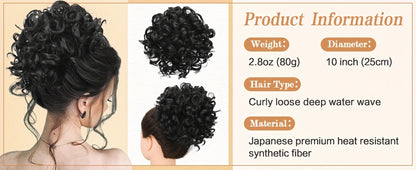 Drawstring Messy Bun Hair Extension 80g Curly Ponytail Voluminous Loose Bun Hairpiece for Women Thinning Hair Natural Look Black Brown