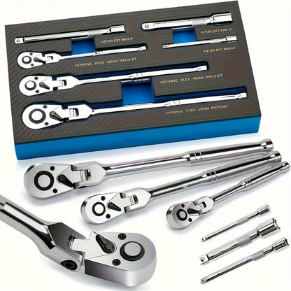 Three- or Six-Piece Flex-Head Ratchet Handle Set with 1/4, 3/8 and 1/2-Inch Drives and Extensions