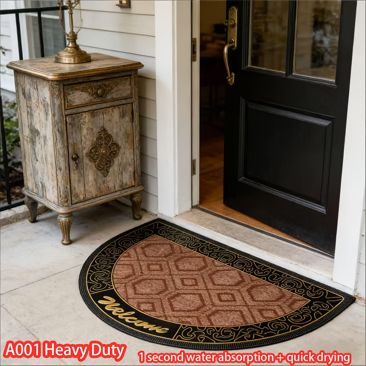 Textured Welcome Door Mat with Bordered Brown-and-Black Geometric Design in A001 or A002 Styles