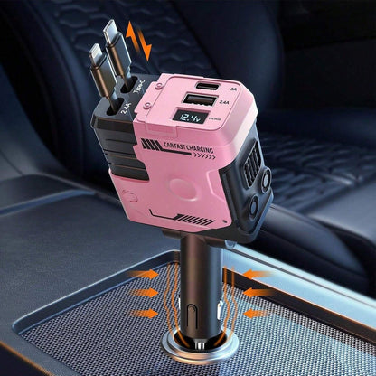 120W Fast Car Charger 4-in-1 with Retractable PD 3.0 Type-C Cable & Multi-Port USB Adapter