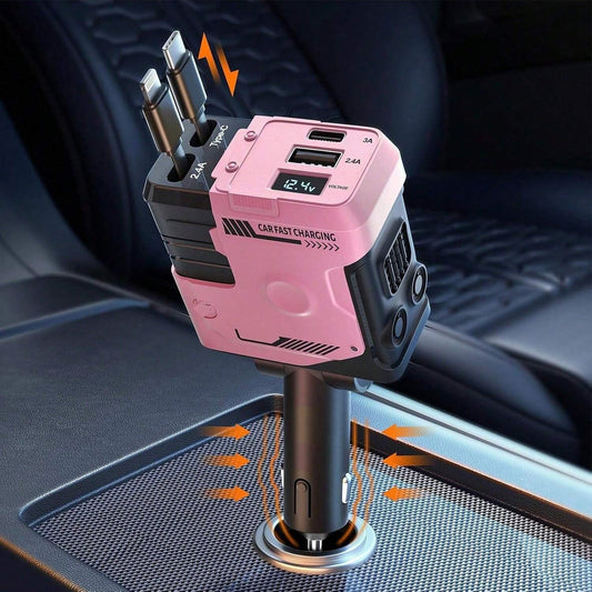 120W Fast Car Charger 4-in-1 with Retractable PD 3.0 Type-C Cable & Multi-Port USB Adapter