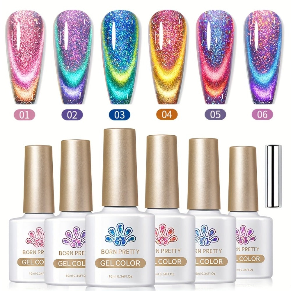 Gel Nail Polish BORN PRETTY 6-Piece 10ml Magnetic Cat-Eye Set with Double-Light Reflection