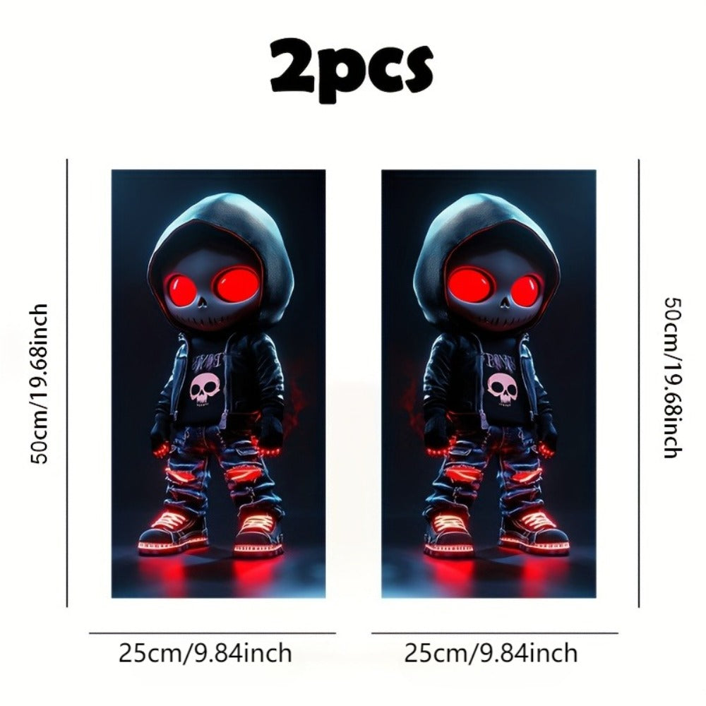Pair of Red-Eyed Skull Character Car Decals, 19.7 x 9.8 Inch Each, for Smooth Exterior or Window Surfaces
