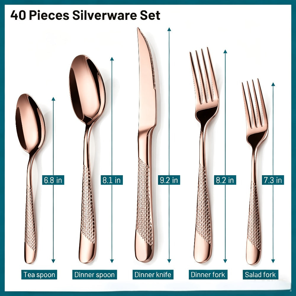 40- or 48-Piece Hammered-Handle Flatware Set in Rose Gold or Silver with Option-Specific Knives
