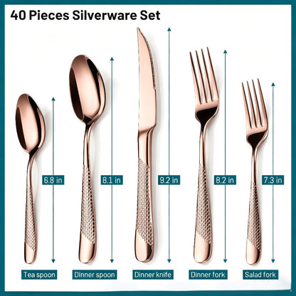 40- or 48-Piece Hammered-Handle Flatware Set in Rose Gold or Silver with Option-Specific Knives