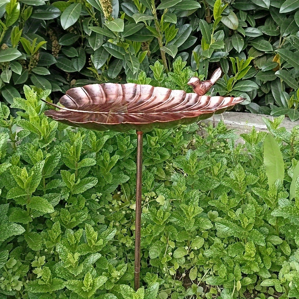 20-Inch Copper-Look Leaf Bird Bath with Bird Accent and Two-Prong Garden Stake for Yard and Lawn